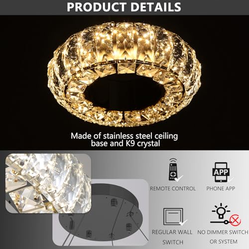 8" Ring Modern LED Dimmable Crystal Chandelier Adjustable Height Pendant Light Round Crystal Chandelier Light Fixtures for Dining Room Living Room Kitchen Island Black (Black / 1 Ring Round 8")
