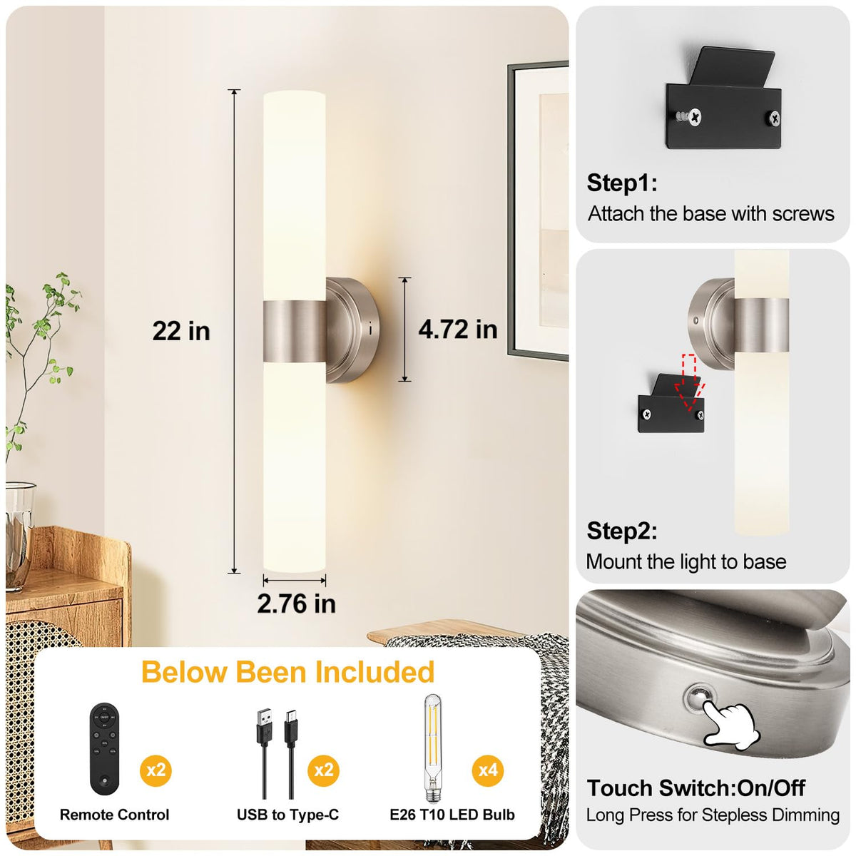Rechargeable Wall Sconces Set of Two (Brushed Nickel & Milky White Glass / Battery-22 Inch-2PC)