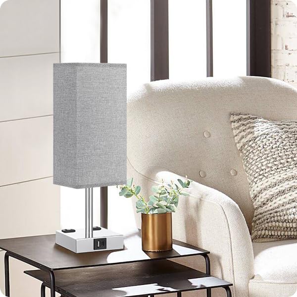 Light Grey Touch Lamps Set for Bedroom (Grey Shade-Silver Base)