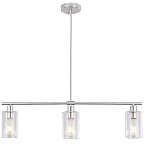 3 Lights Kitchen Island Lighting Brushed Nickel Pendant Light Fixtures with Glass Shade 31" Dining Room Chandeliers Adjustable Height Modern Linear Ceiling Hanging Light for Living Room (Brushed Nickel / 3-light)