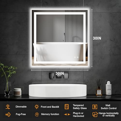 30x30 LED Bathroom Mirror with Lights (Rec Corner-3 Light Modes / 30"L x 30"W)