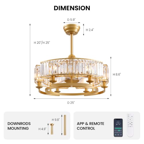 25" Gold Crystal Ceiling Fan with Light Modern Crystal Fandelier (Gold)