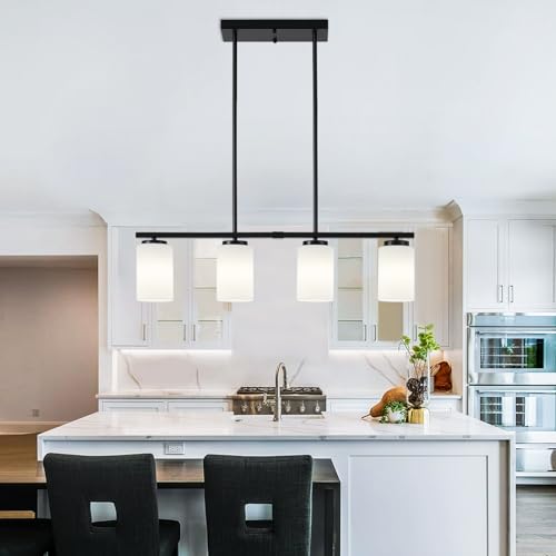 30'' Island Lights for Kitchen Black Chandelier Dining Room Light Fixtures (4-Light White Glass)