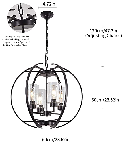 24" Modern Black Orb Chandelier for Entryway Foyer Clear Glass Shades (Black+Clear Glass 24")