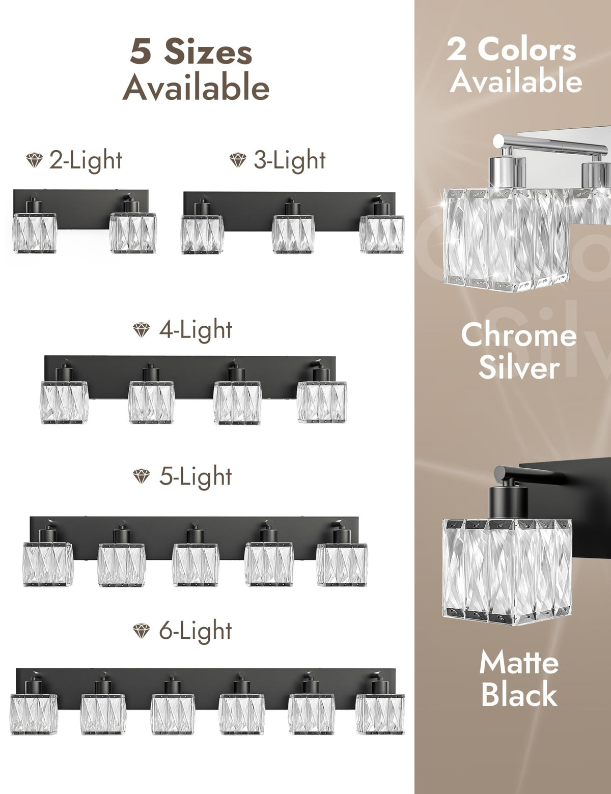 4 Light Crystal Bathroom Vanity Light Square (Matte Black-Square / 4 Light)