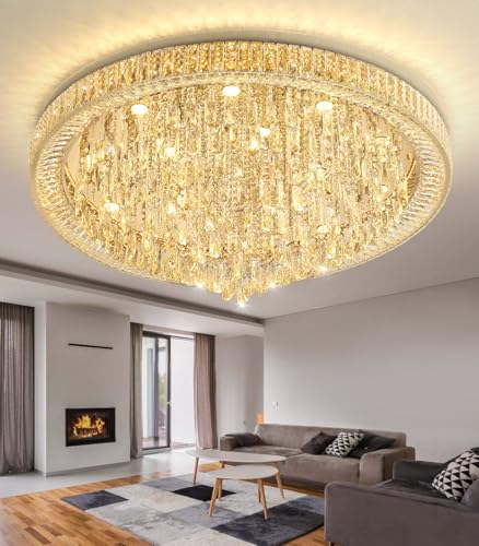 Modern Crystal Chandeliers LED Dimmable Flush Mount Ceiling Chandeliers for Living Room High Ceiling Entrance Foyer Lobby Bedroom Gold (Gold / 47.2" Width)