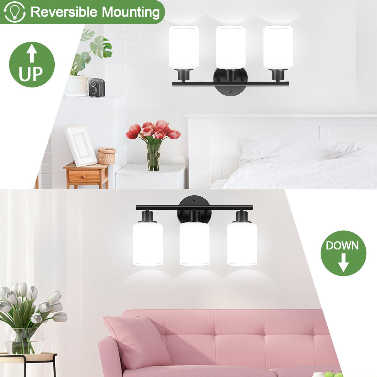 3 Light Bathroom Light Fixtures (Matte Black & Milky White Glass / 3-light)