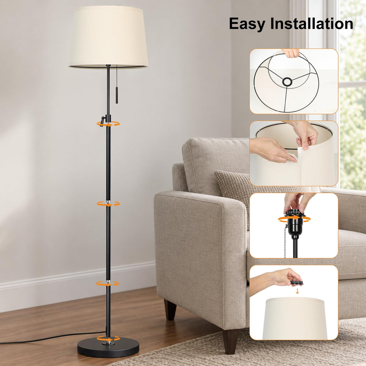 52" 63" Black Adjustable Floor Lamp (Black+Beige Linen Shade)