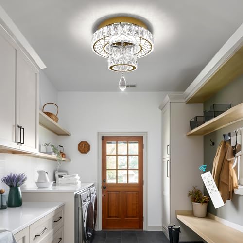 Modern Glam Ceiling Chandelier Bedroom Light Fixtures Crystal Flat Sloping Ceiling Lights for Hallway Kitchen Dining Room Dimmable Light with Remote Gold (12 inch / Gold)