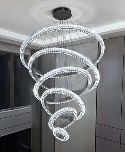 47" 6 Ring Crystal Chandelier Modern LED Dimmable Ring Pendant Light Chandelier for Dining Room Living Room Black (Black / 6 Ring Round 47")