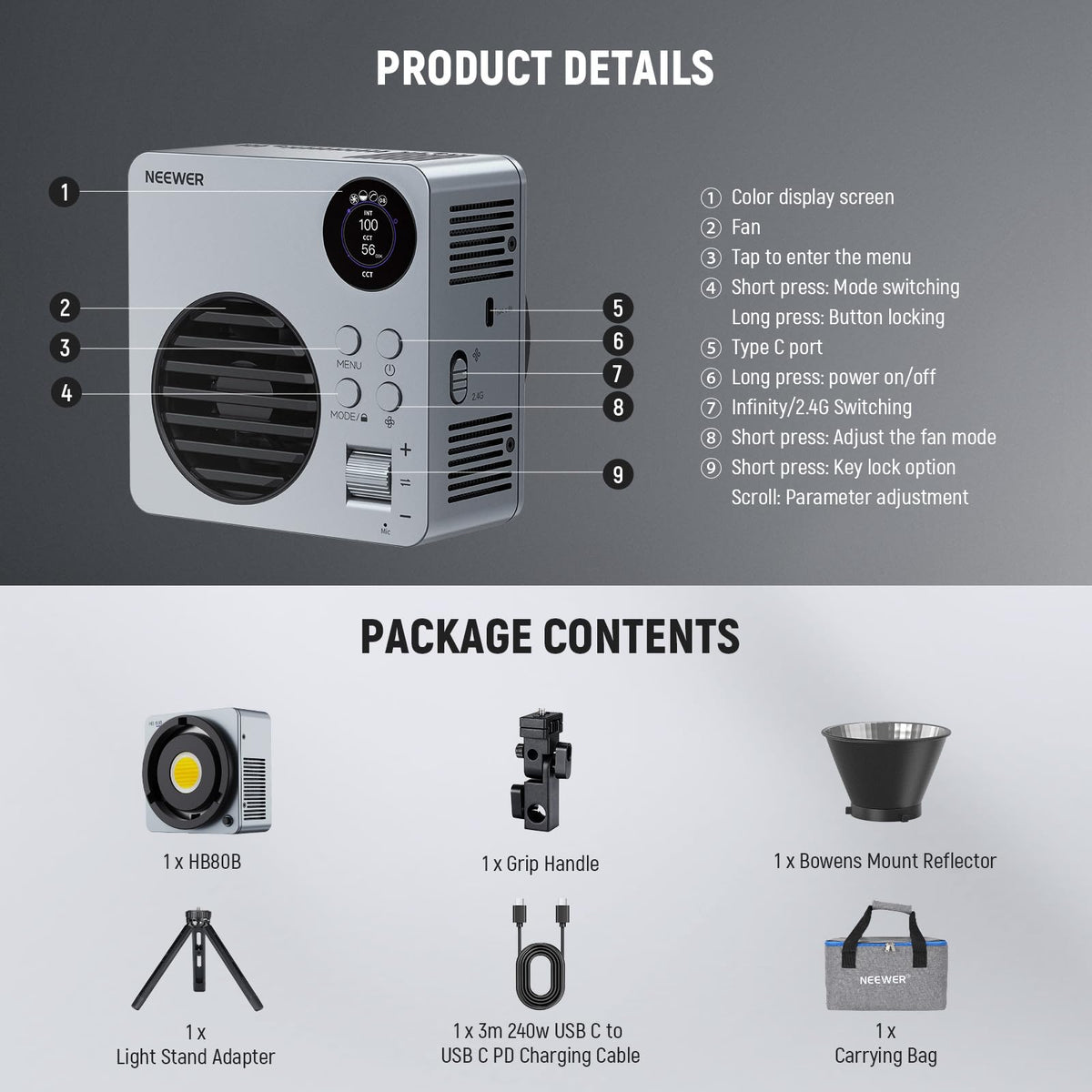 HB80B Bi Color LED Video Light