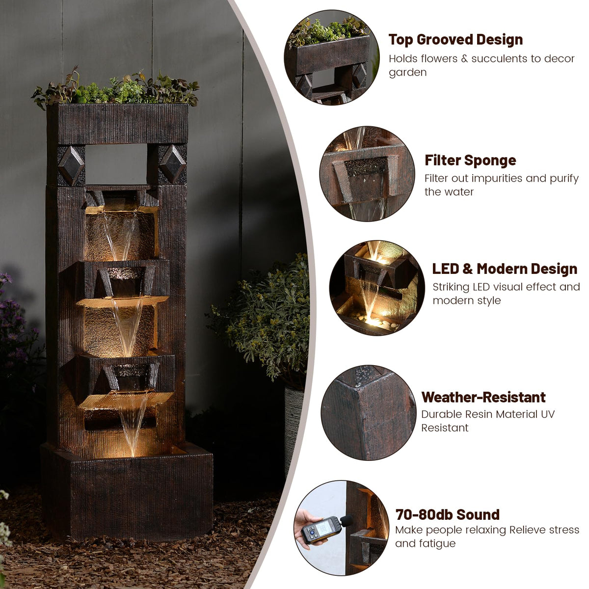 40.9 in Modern Outdoor Water Fountain (Brown)