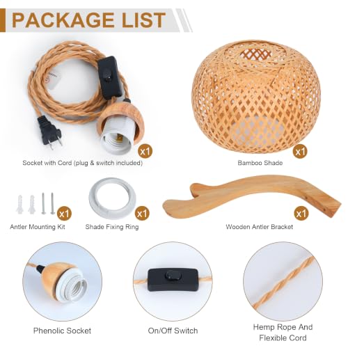 Frideko Bamboo Lantern Plug in Wall Sconces Wicker Wall Lamp with Plug in Cord Hand Woven Rattan Wall Light Farmhouse Rustic Wall Sconces Boho Sconces Wall Lighting for Living Room Bedroom (Orange(1PC))