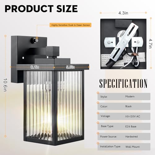 2 Pack Black Dusk to Dawn Outdoor Wall Light (Black / 10.6''-2 Pack)