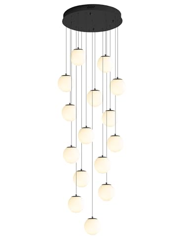 15 Light Black Chandelier with White Globe Glass Dimmable Ceiling Light Glass Pendant Light for Kitchen Island (Black-White / Globe 15-Light)