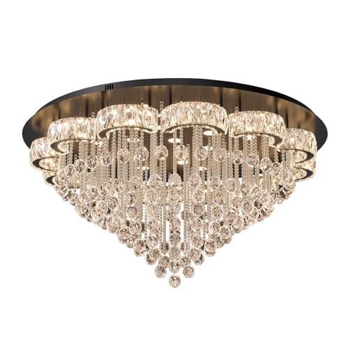 48inches Crystal Chanderliers for Living Room Entryway Modern Crystal Folwer Ceiling Light for Foyer Interior LED Dimmable Lighting 2700k 4500k 6000k (Black / 48inch)