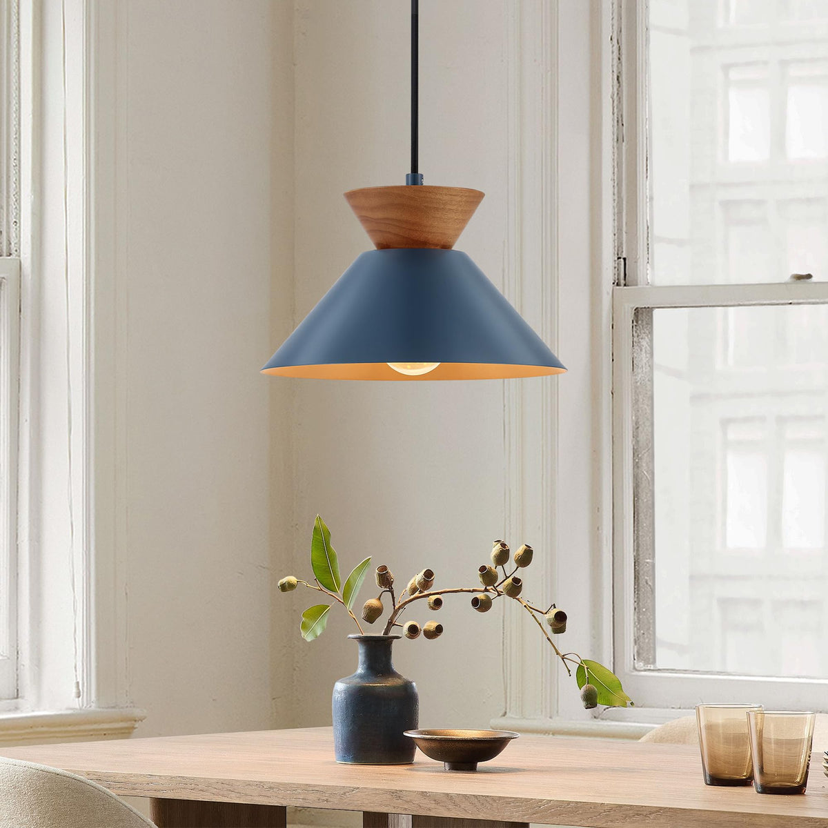10 Inch Modern Pendant Light Fixture Farmhouse Solid Wood Hanging Lamp with Navy Blue Metal Shade & Gold Inner Finish Adjustable Pendant Light for Kitchen Island Dining Room Bedroom Modern Blue (Blue)