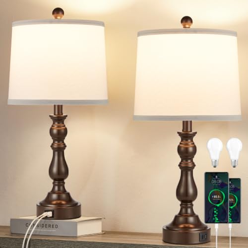 Farmhouse Side Table Lamps for Living Room Set of 2 with USB C+A Ports