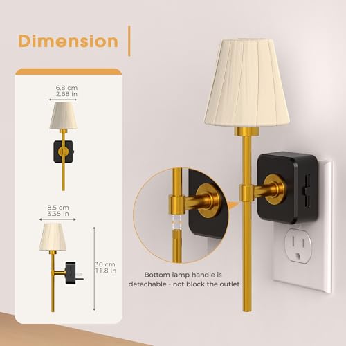 LED Night Lights Plug into Wall Vintage Pleated Fabric Cover (Gold / 2 Pack)