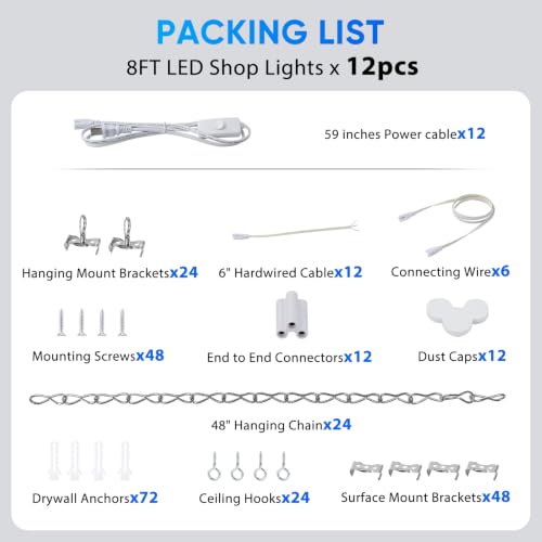 T8 8FT LED Shop Lights 12 Pack