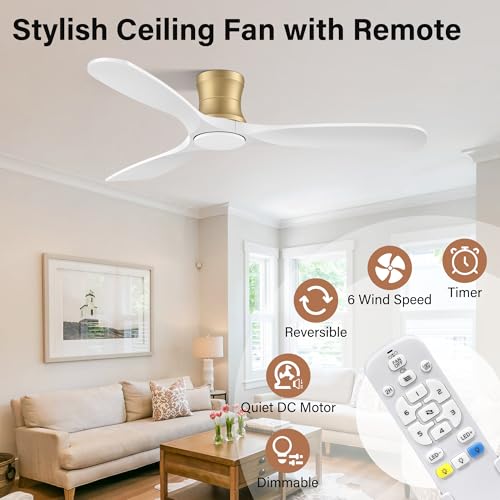 52" Wood Flush Mount Ceiling Fans with Lights Remote (White& Gold)