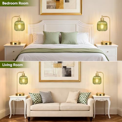 Green Glass Table Lamps Set of 2 (Gold&Green)