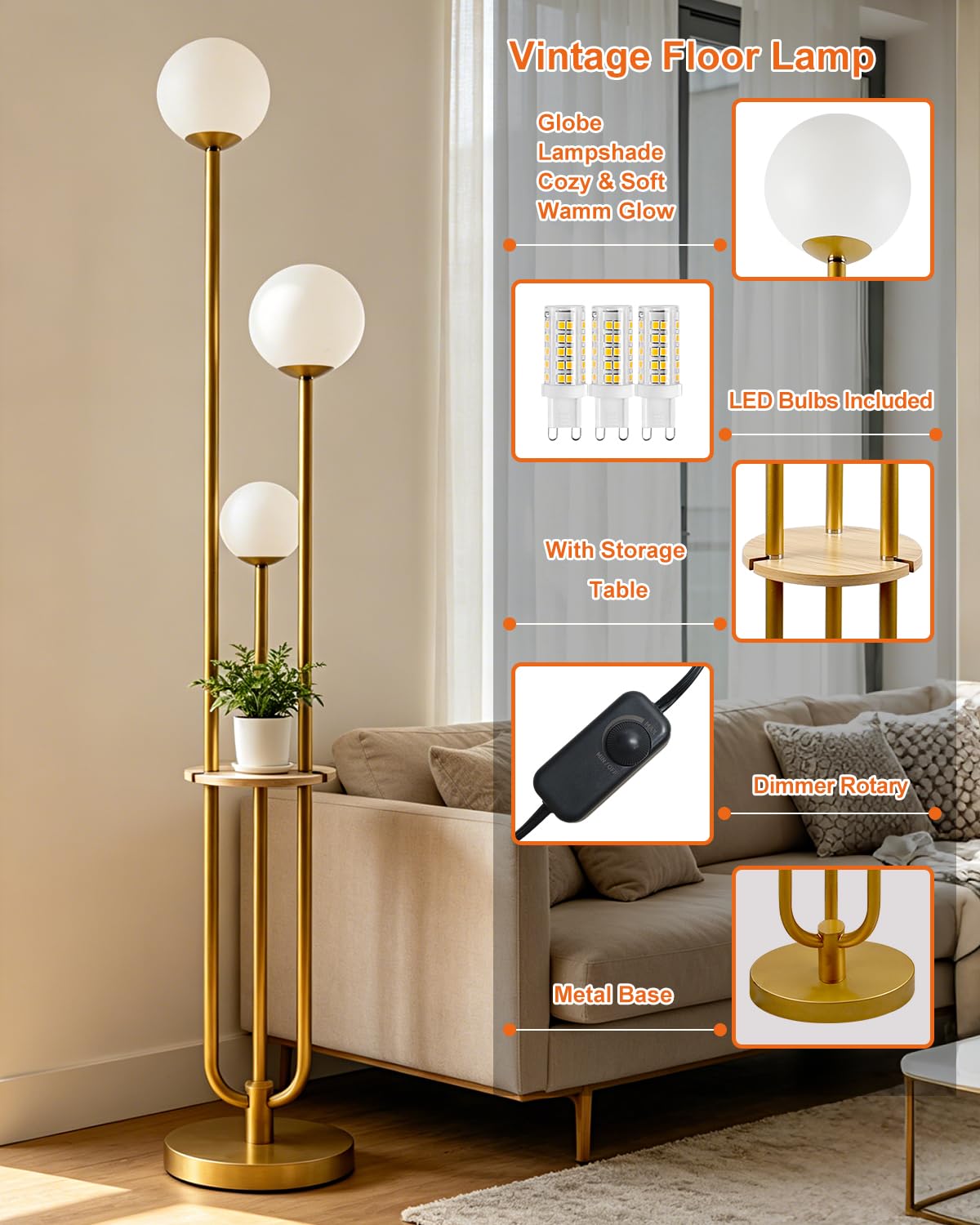 63IN Dimmable Gold Floor Lamp with Shelf Mid Century Standing Lamps with 3000K Bulbs Included Modern Globe Floor Lamp for Living Room (3U-E-Gold)