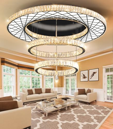 48 inch Large Size Glam Chandelier Crystal Ceiling Light for Living Room Chandeliers Lighting Fixtures with Remote Dimmable LED Light (48 inch / Black)
