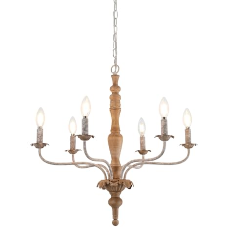 Farmhouse French Country Chandelier Distressed Wood for Living Room (Wood)