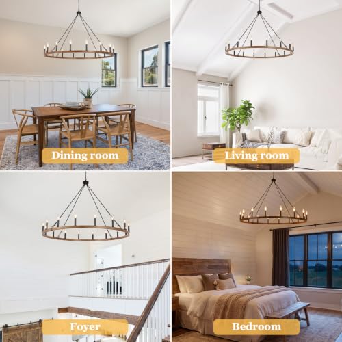 16 Light Farmhouse Wagon Wheel Chandelier 47"W Rustic Metal Chandeliers (Black and Wood-grain -16 Lights)