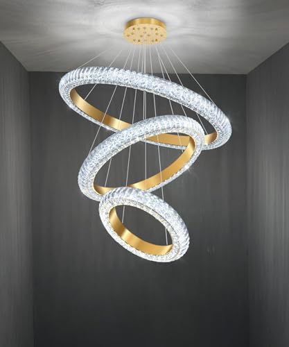 31.5" 3 Ring Crystal Chandelier Modern LED Dimmable Ring Pendant Light Round Chandelier for Dining Room Living Room Gold (Gold / 3 Ring Round 32")