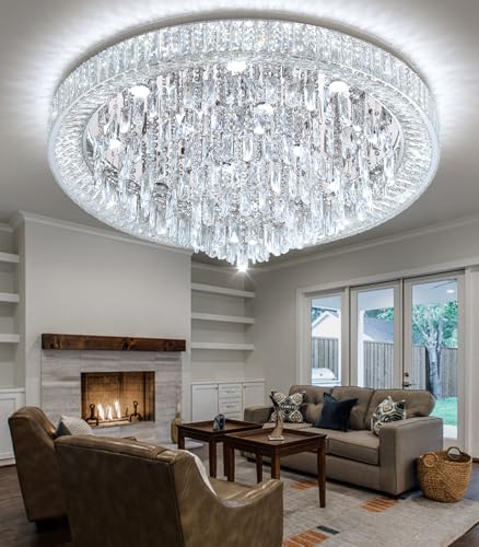 Crystal Chandeliers Modern LED Dimmable Flush Mount Ceiling Chandeliers for Living Room High Ceiling Entrance Foyer Bedroom Dining Room (Silver / 39.3" Width)
