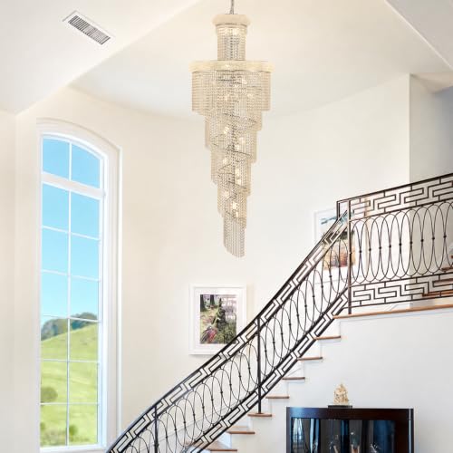 28 Light Large Long Spiral Crystal Chandelier for High Ceiling Foyer Entryway Living Room Staircase Chrome Finish 78'' H X 28'' W X 28'' D (Chrome / 78'' H X 28'' W X 28'' D)