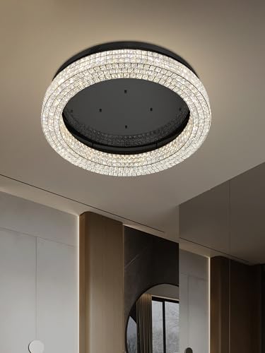 32'' Modern Chandeliers for Living Room Crystal Chandelier Flush Mount Ceiling Light Fixture for Dining Room Living Room Bedroom Dimmable 2700 (Black / Dia 32inch)