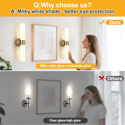 Wall Sconces Set of Two (Brass & Milky White Glass / Hardwired-22 Inch-2PC)