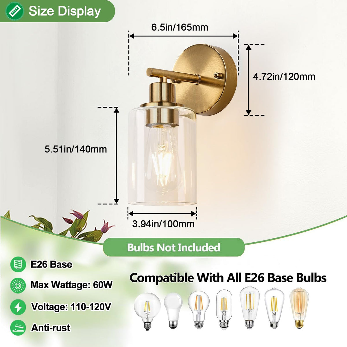 Set of 2 Wall Sconces for Bathroom (Brushed Gold / 1-light)