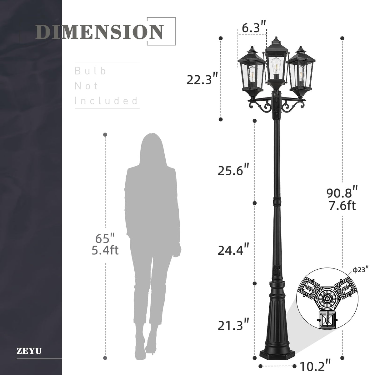 91 Inch 3 Light Black Post Light with GFCI Outlet (Black - Seeded Glass / 91 Inch - Dusk to Dawn+GFCI)