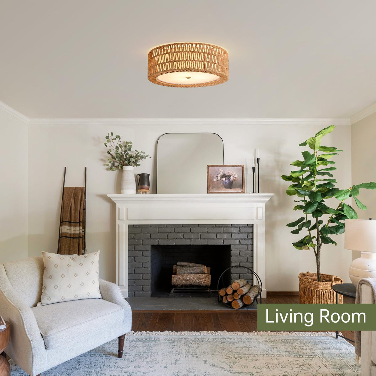 17.7" Rattan Ceiling Light Large Flush Mount Ceiling Light Brown (Brown / 17.7")