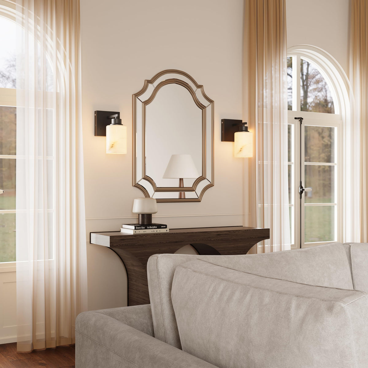 Alabaster Glass Battery Operated Wall Sconces with Remote (Black & Alabaster Shade)