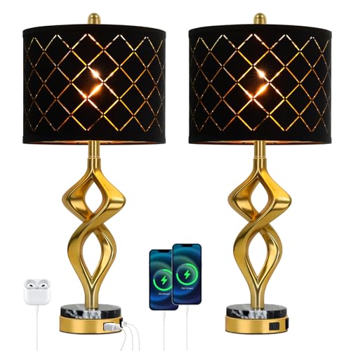 28.5’’ Gold Modern Sculptural Bedside Table Lamps Set of 2 for Living Room (Black)