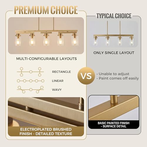 5 Light Brushed Gold Linear Chandelier (Gold+Clear Glass / 5 Light)