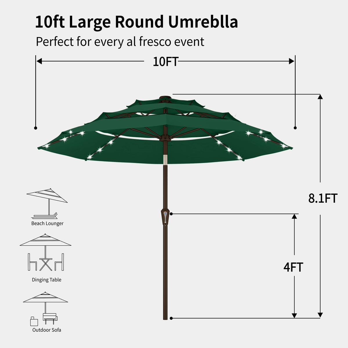 9ft 3 Tier Patio Umbrella with Solar Lights (Dark green / 9 FT)