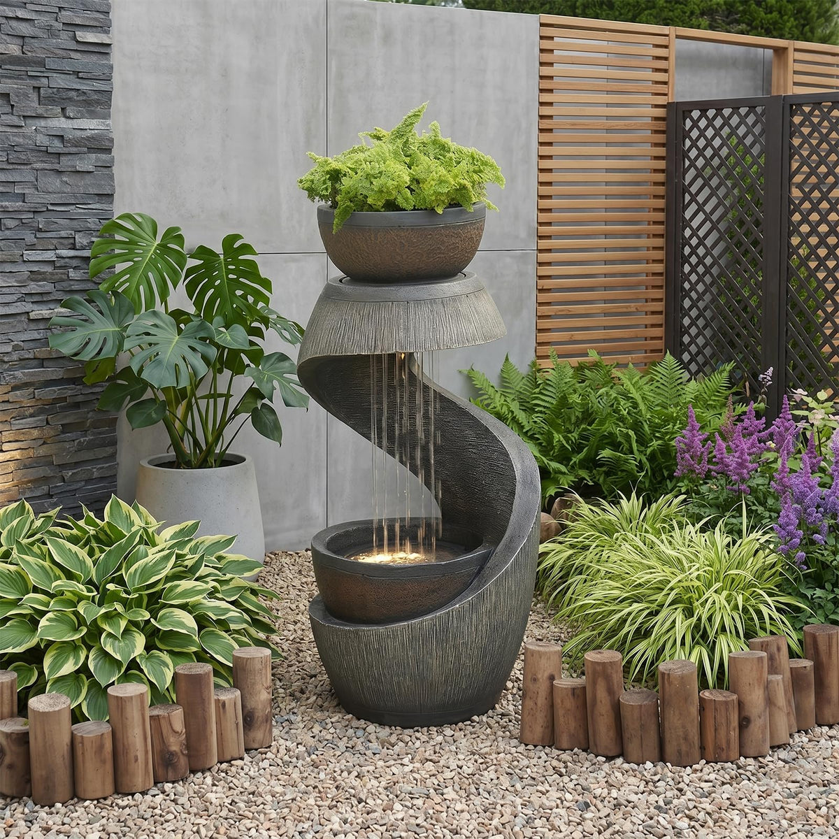 Modern S Shaped Garden Outdoor Water Fountain with LED Lights Gray (31.9H-G)