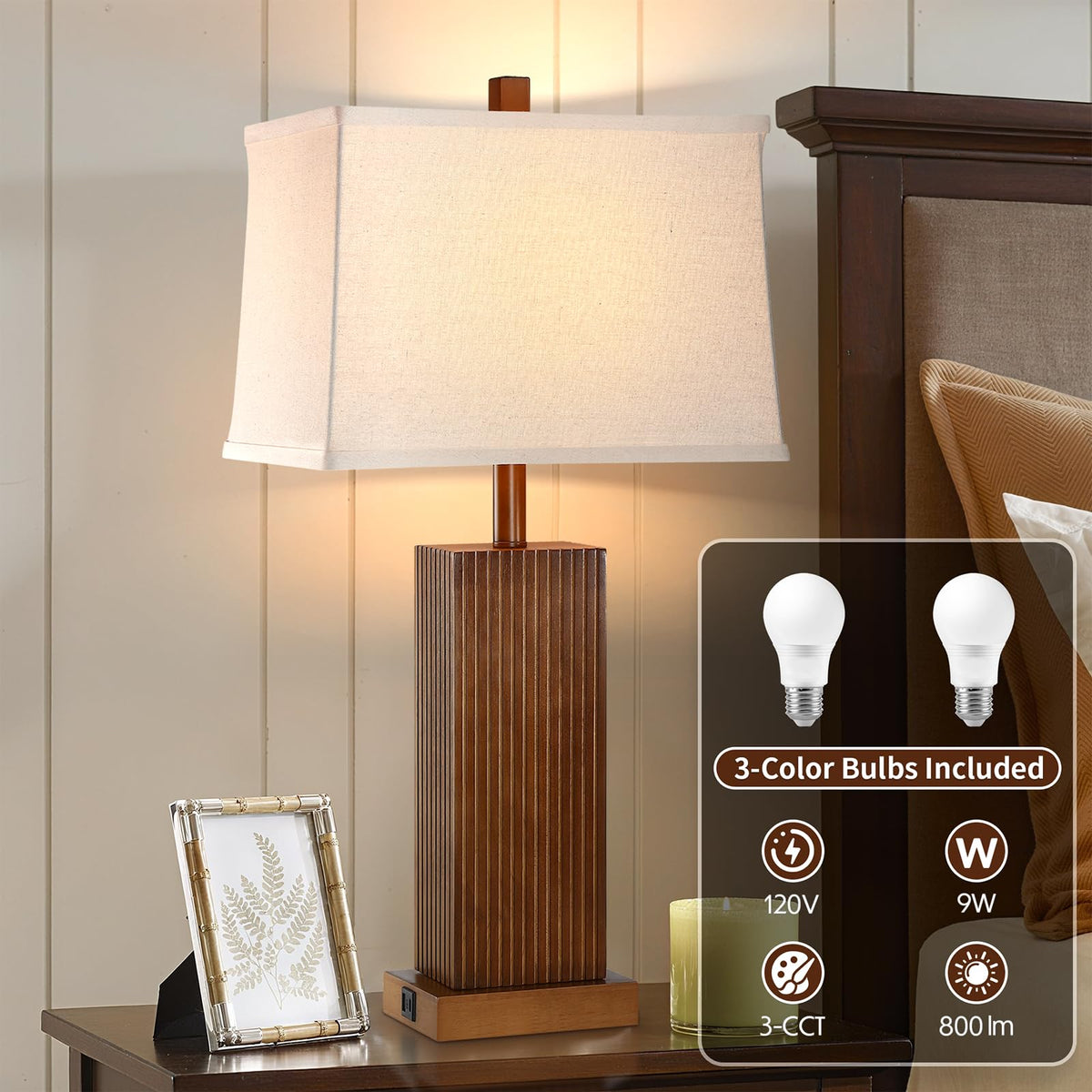 27.5" Wood Table Lamps Set of 2 for Bedroom Living Room (Walnut Wood 2 Pack)