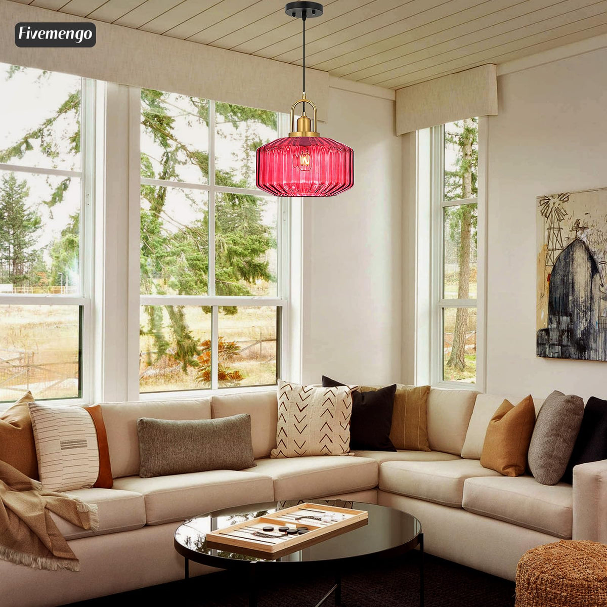 11.8in Mid Century Modern Pendant Light Gold Large Wine Red Glass (Wine Red & Gold Hardwire / 11.8in)
