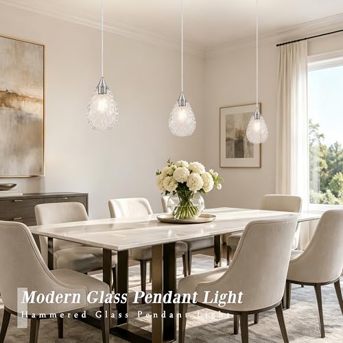 Nickel Glass Pendant Lights Kitchen Island 6.3" Pendant Light Hammered Clear Glass 3 Pack Height Adjustable Modern Hanging Pendant Lights for Dining Room Bedroom Hallway Sink Bulbs Incl (Nickel, 3 PK / 6.3 Inch)
