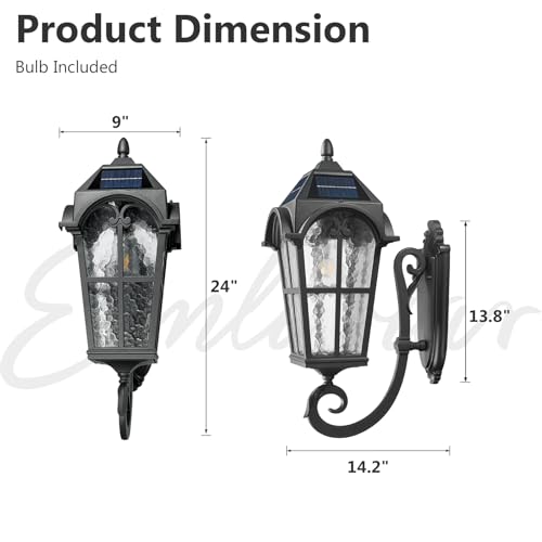 Exterior LED Solar Wall Sconce with Remote Control (Black - Water Grain Glass / 24 Inch - Solar Powered)