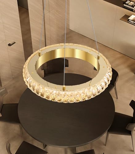 16" Ring Modern LED Dimmable Crystal Chandelier Adjustable Height Pendant Light Round Crystal Chandelier Light Fixtures for Dining Room Living Room Kitchen Island Gold (Gold / 1 Ring Round 16")