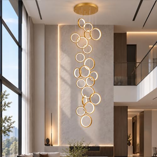 Modern 20 Ring Gold LED Chandelier for High Ceilings (Gold/20-Lights(circle,dimmable))