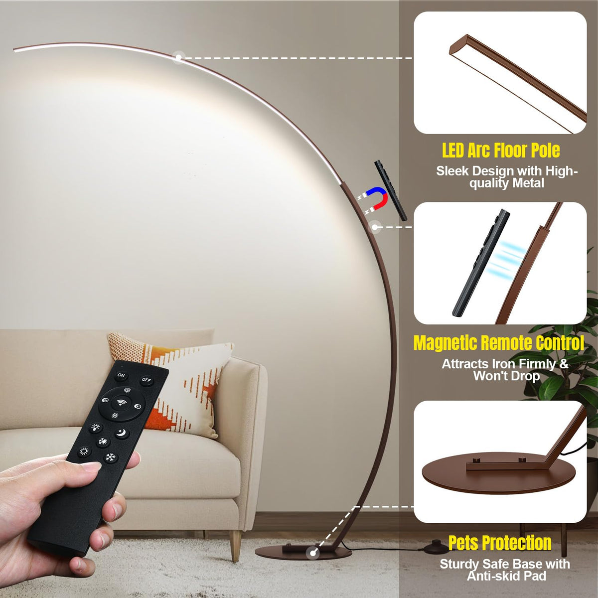 Dimmable LED Floor Lamp with 3 Color Temperatures (Brown–67"–300" Ultra-Wide Coverage)